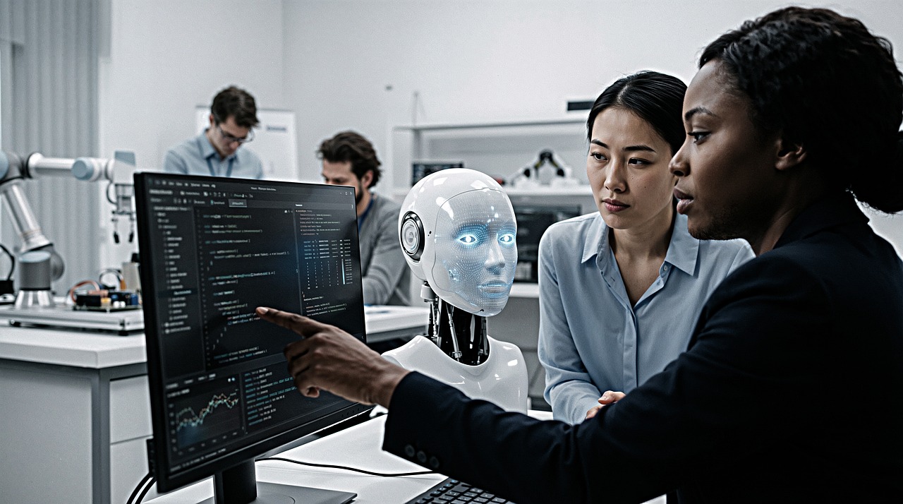 Researchers in a lab review code and data on a desktop monitor beside a humanoid robot with glowing blue eyes.